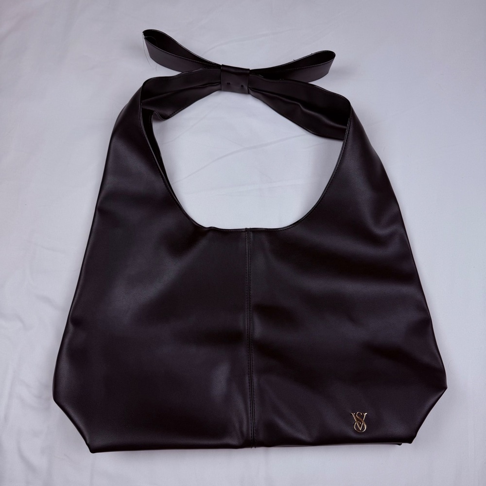 Victoria's Secret Black Faux Leather Bow Shoulder Strap Hobo Bag Gold VS Logo